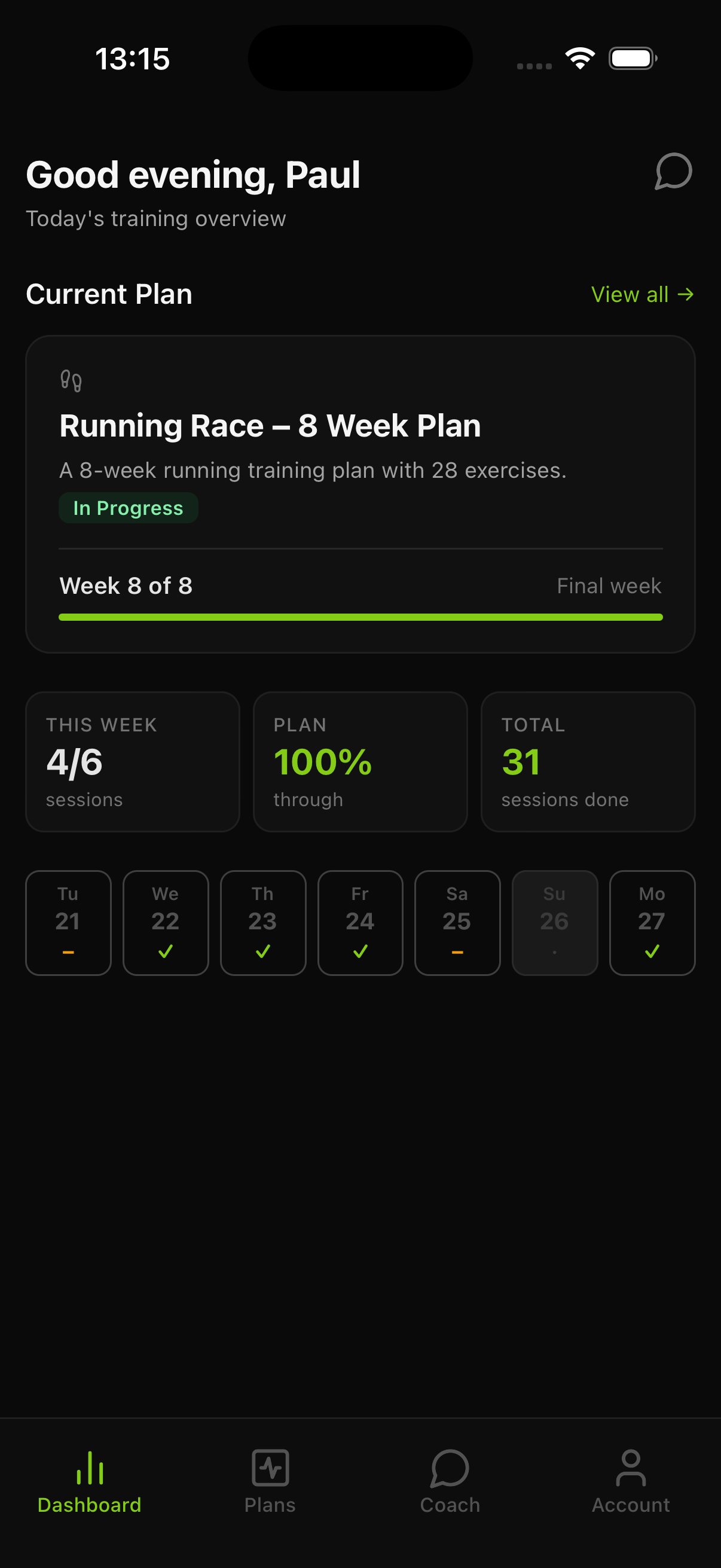 Training dashboard