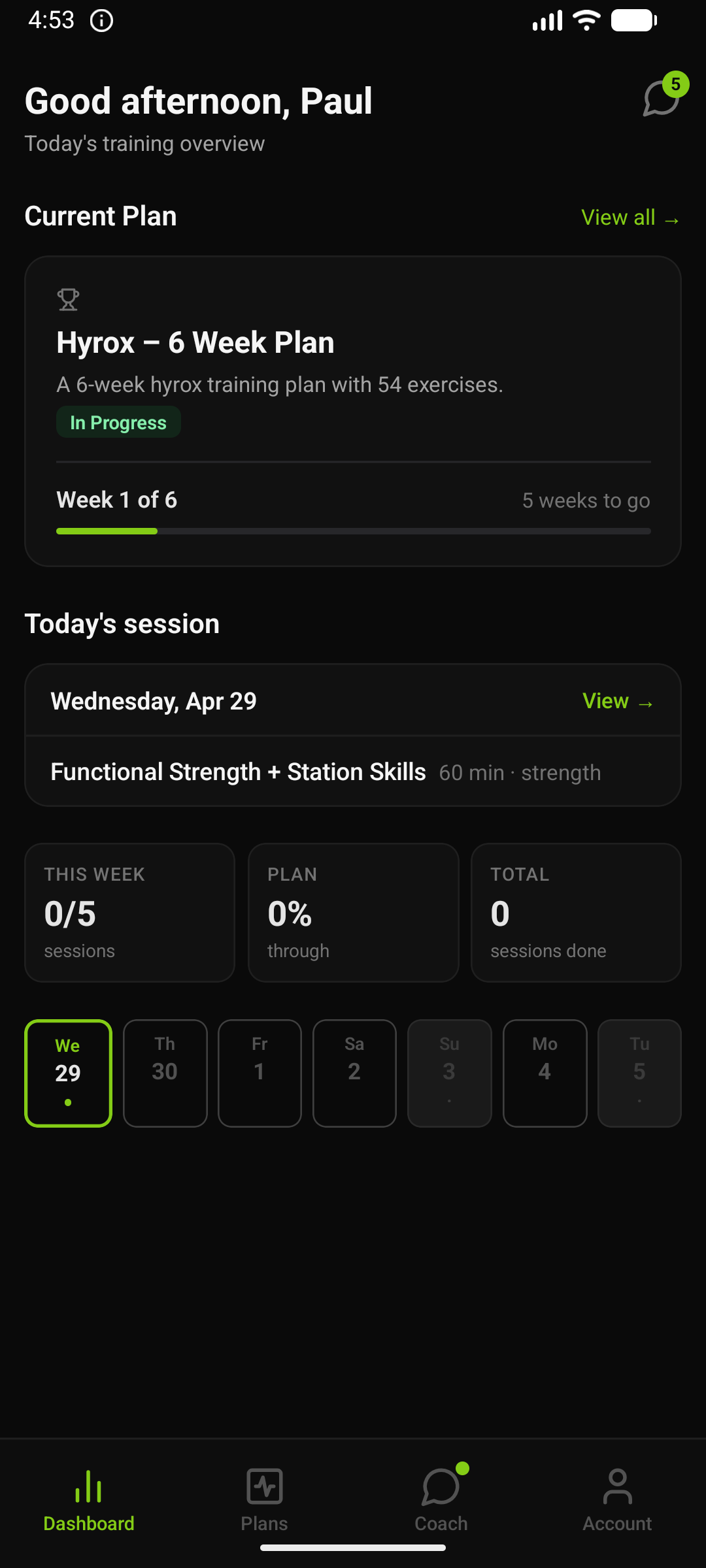 Hybrid Training Plan dashboard