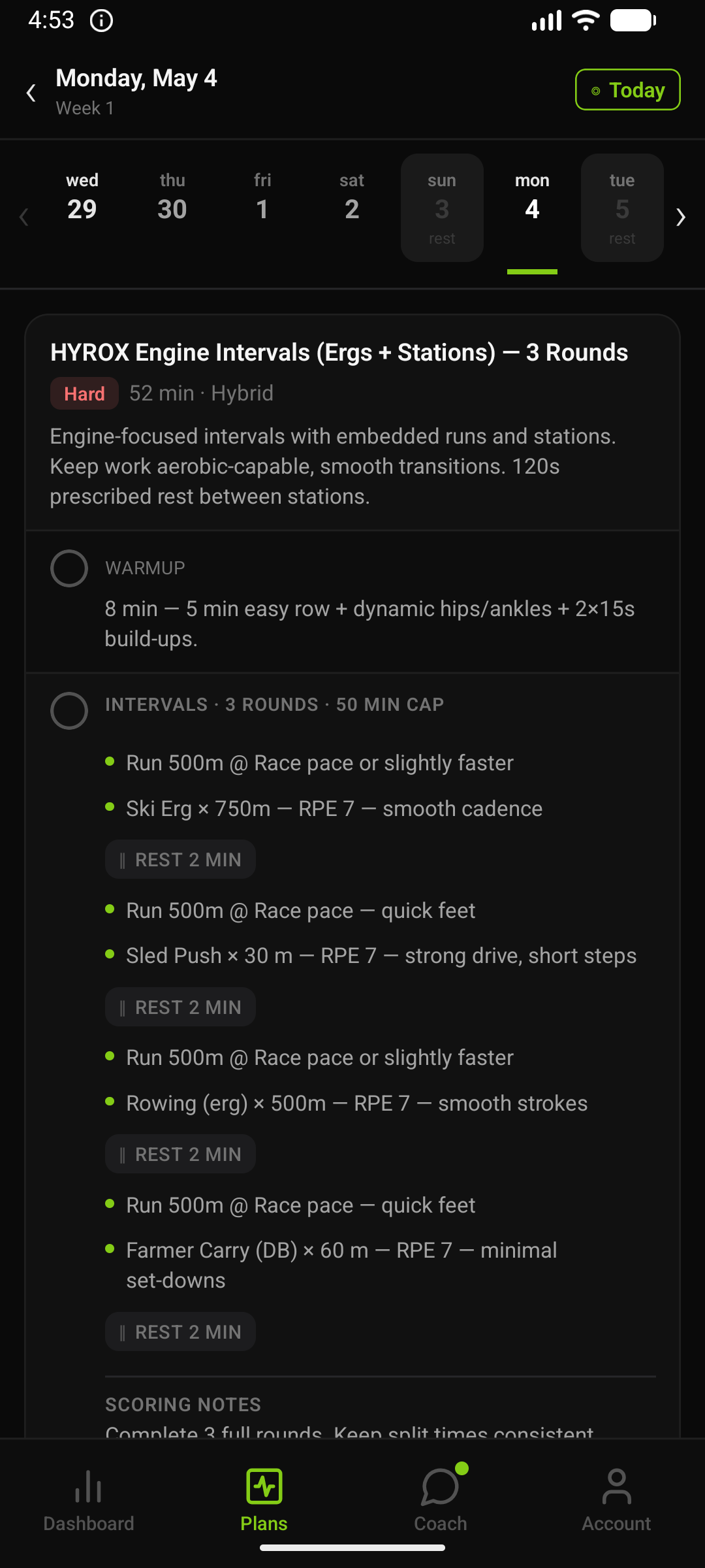 Session intervals screen