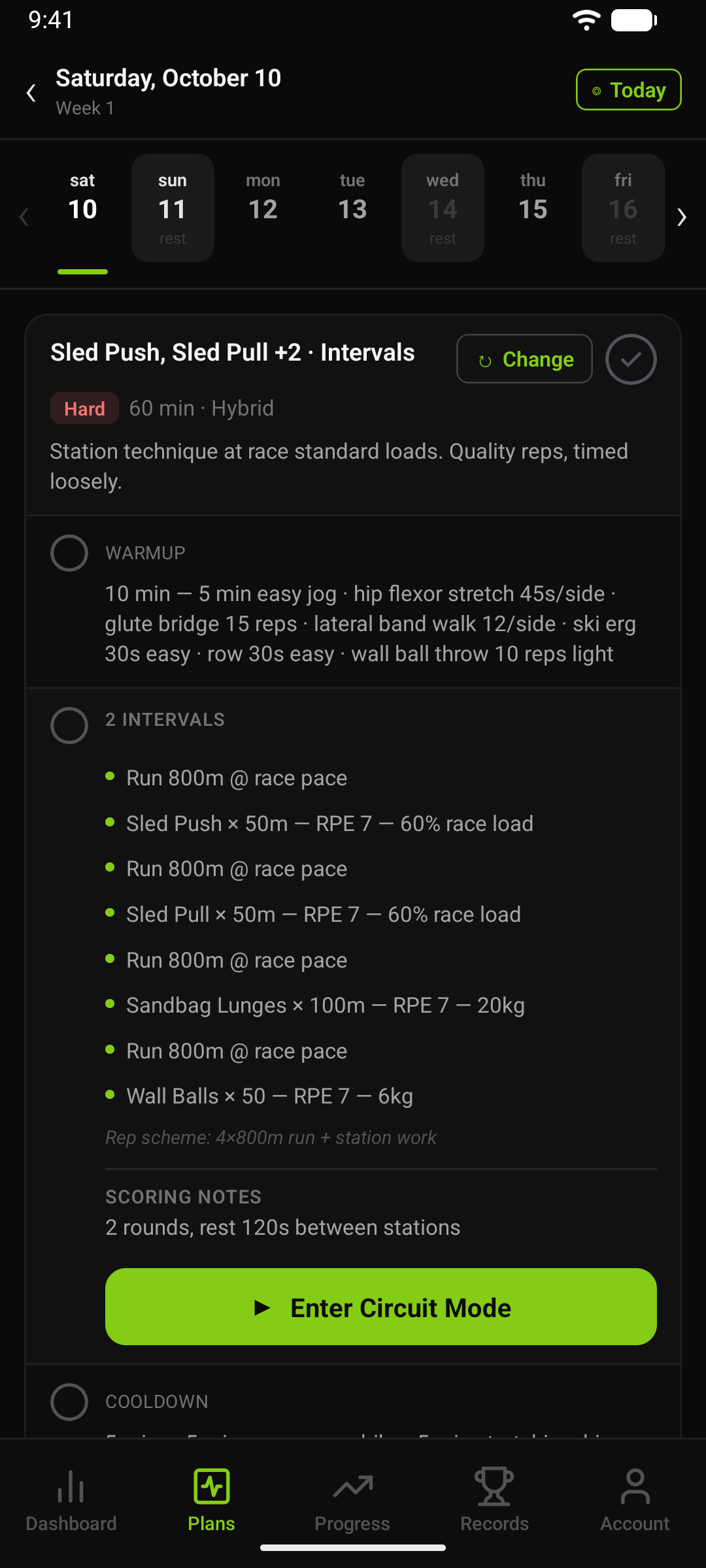 A Hyrox station session: runs, sled push, sled pull, sandbag lunges and wall balls