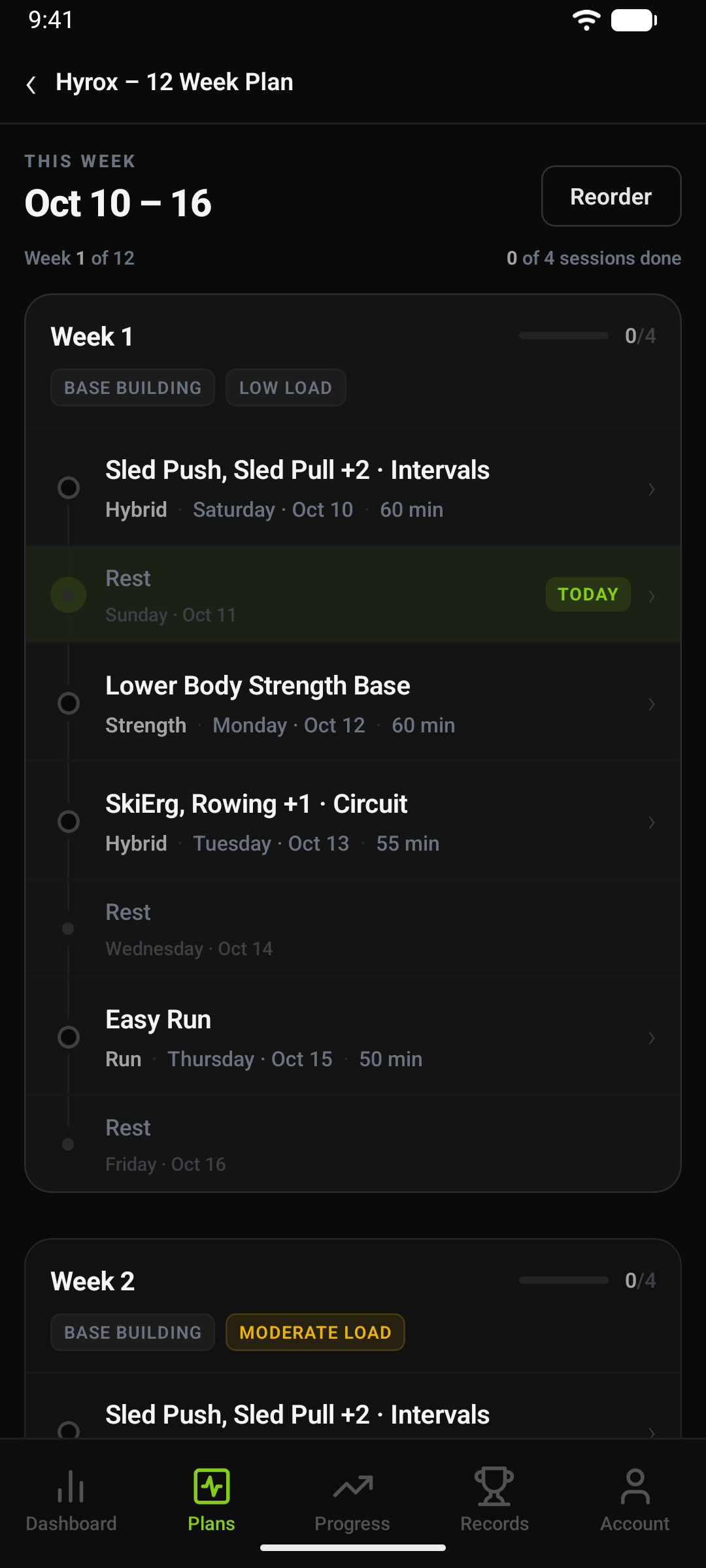 The first week of a 12-week Hyrox plan