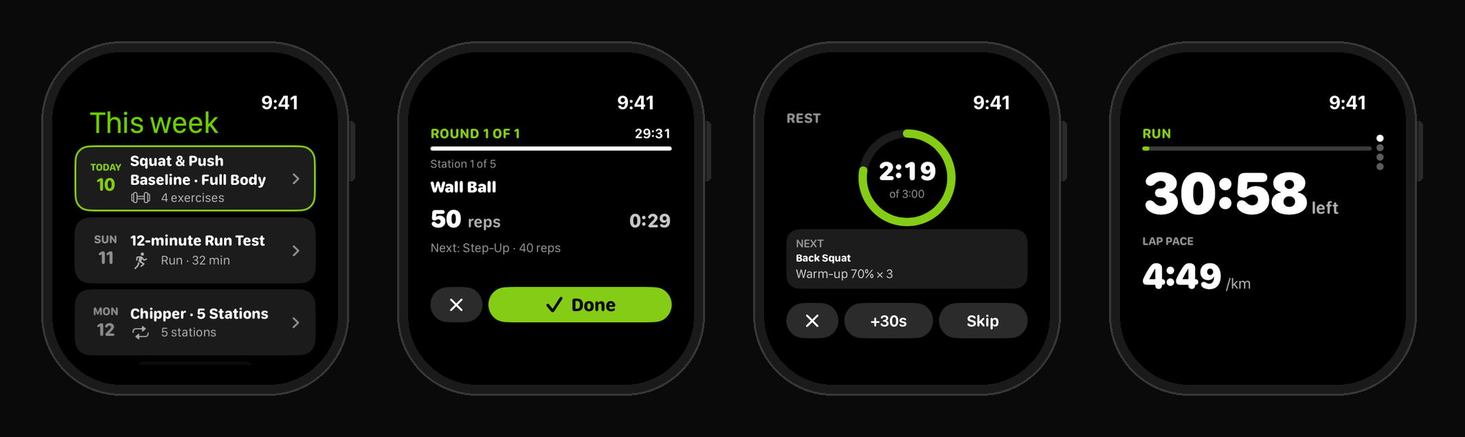 Four Apple Watch screens: this week's sessions, a circuit station, a strength rest timer and a run in progress