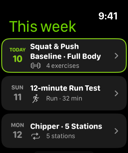 This week's sessions and a circuit in progress on Apple Watch