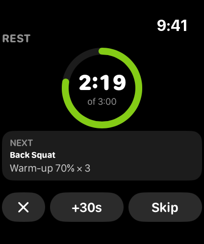 The rest timer between sets on the Hybrid Training Plan Apple Watch app